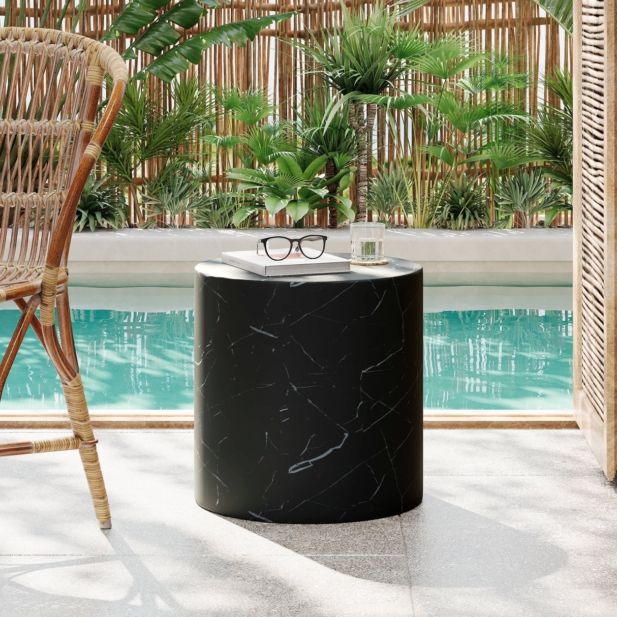 Contemporary Outdoor Lightweight Concrete MGO Side/End Table with Black Marble Finish