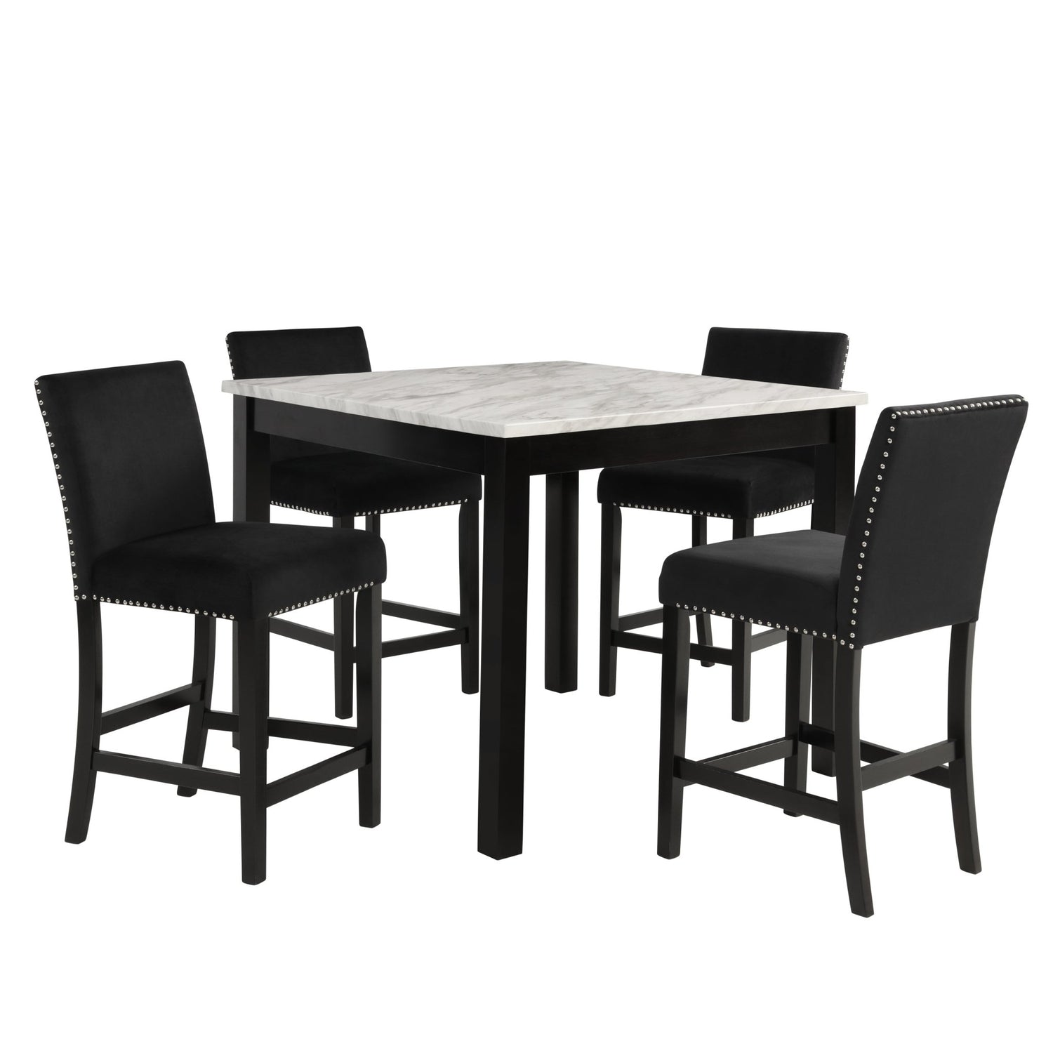 5pc counter height dining set square white faux marble table black velvet upholstered tufted nail head chairs wooden leg - Tuesday Morning - Kitchen & Dining Furniture Sets