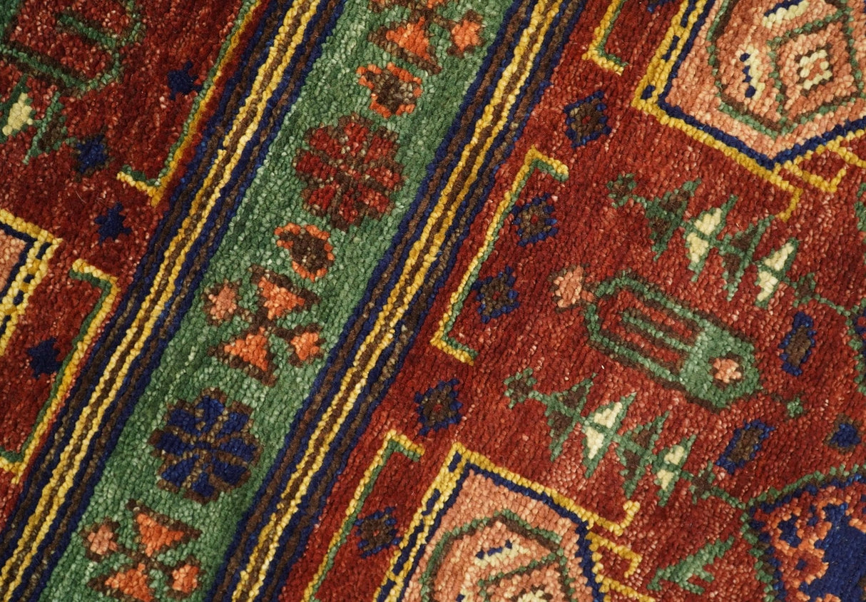 Custom Made Hand Knotted Traditional Rust And Blue Runner Wool Rug