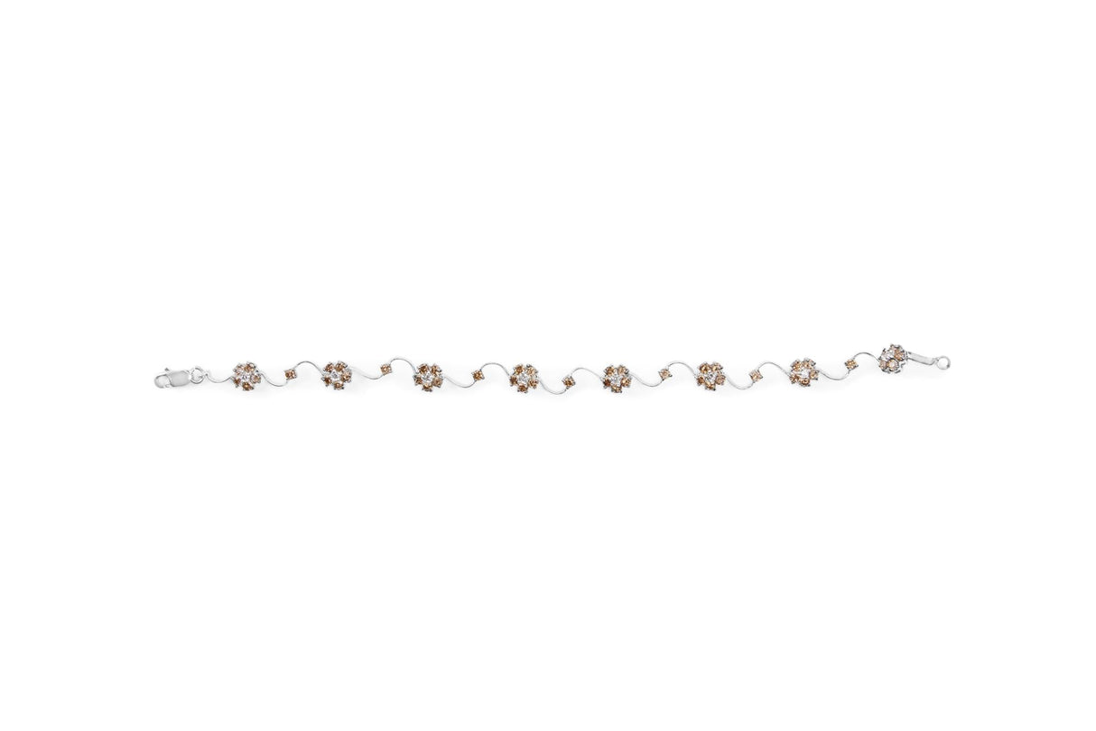 10K White Gold 4.0 Cttw Champagne and White Diamond Floral Cluster and Station Link Bracelet (H-I Color, SI2-I1 Clarity) - 7" Inches