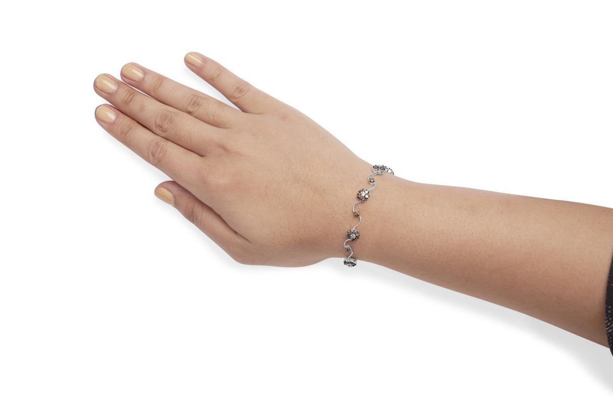 10K White Gold 4.0 Cttw Champagne and White Diamond Floral Cluster and Station Link Bracelet (H-I Color, SI2-I1 Clarity) - 7" Inches