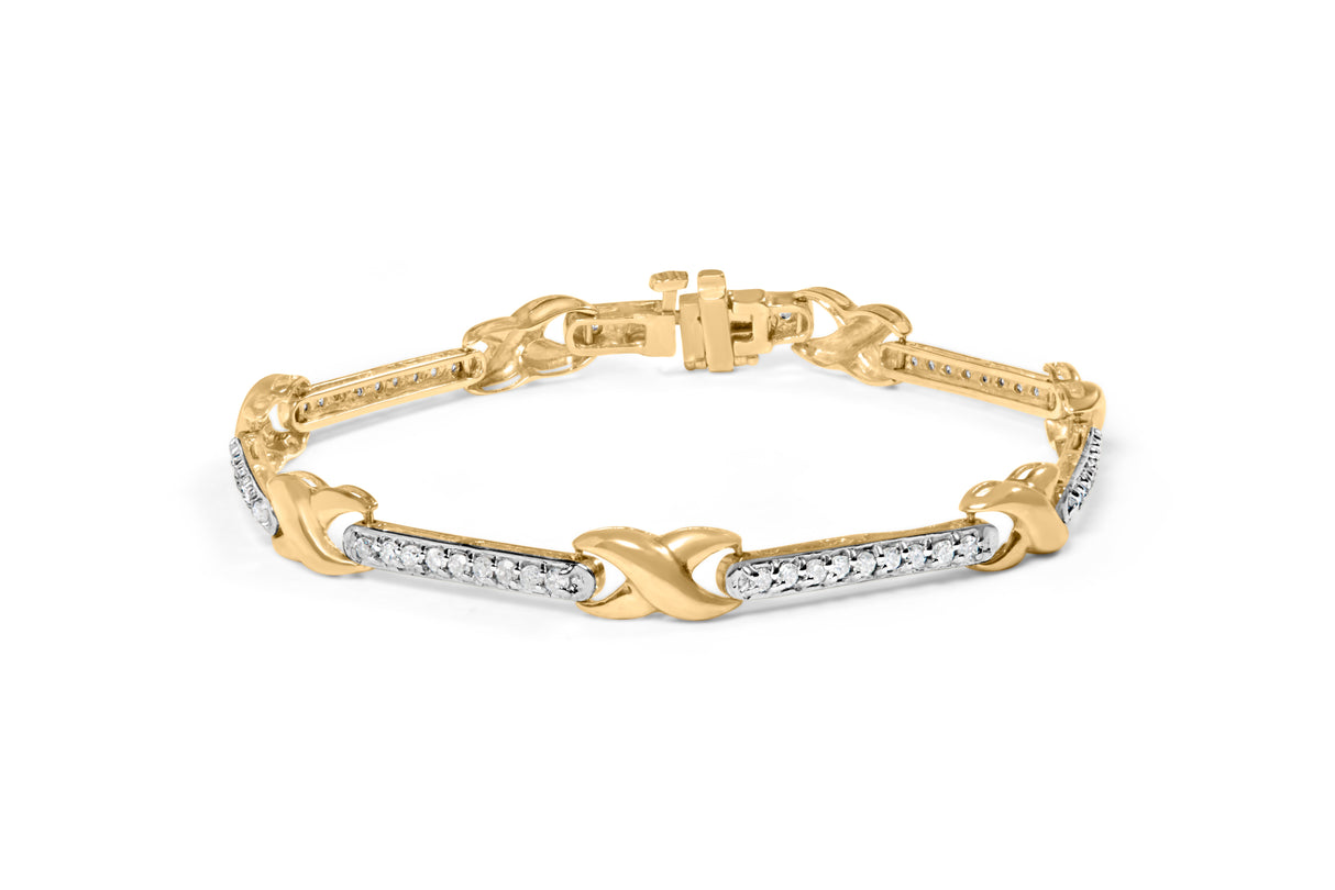 10K Yellow Gold 1.00 Cttw Pave Set Diamond Bar and X-Link 7" Bracelet (I-J Color, I3 Quality)