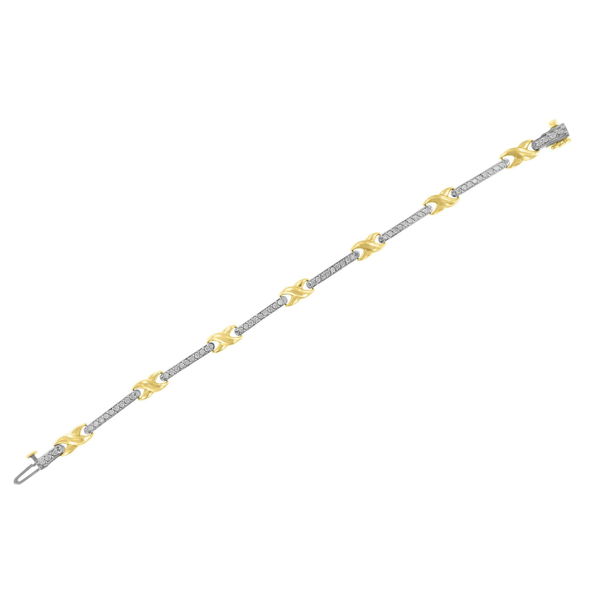 10K Yellow Gold 1.00 Cttw Pave Set Diamond Bar and X-Link 7" Bracelet (I-J Color, I3 Quality)