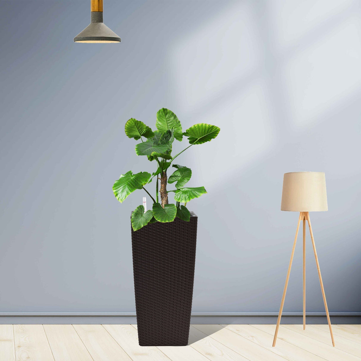 Pack of 2 Brown 22-Inch Faux Rattan Square Planters with Automatic Watering System