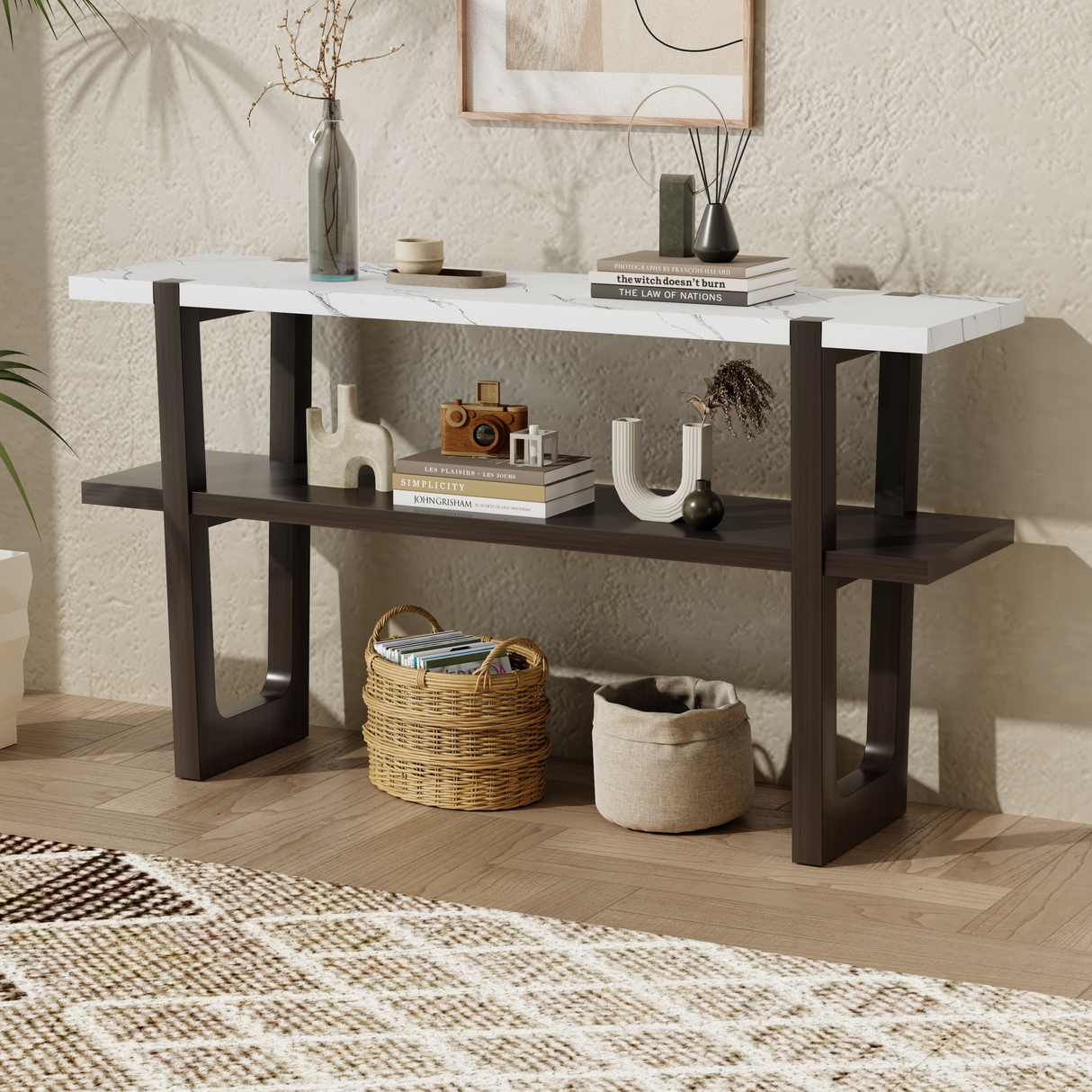 Narrow Console Table with Marble-Effect Top (Espresso)