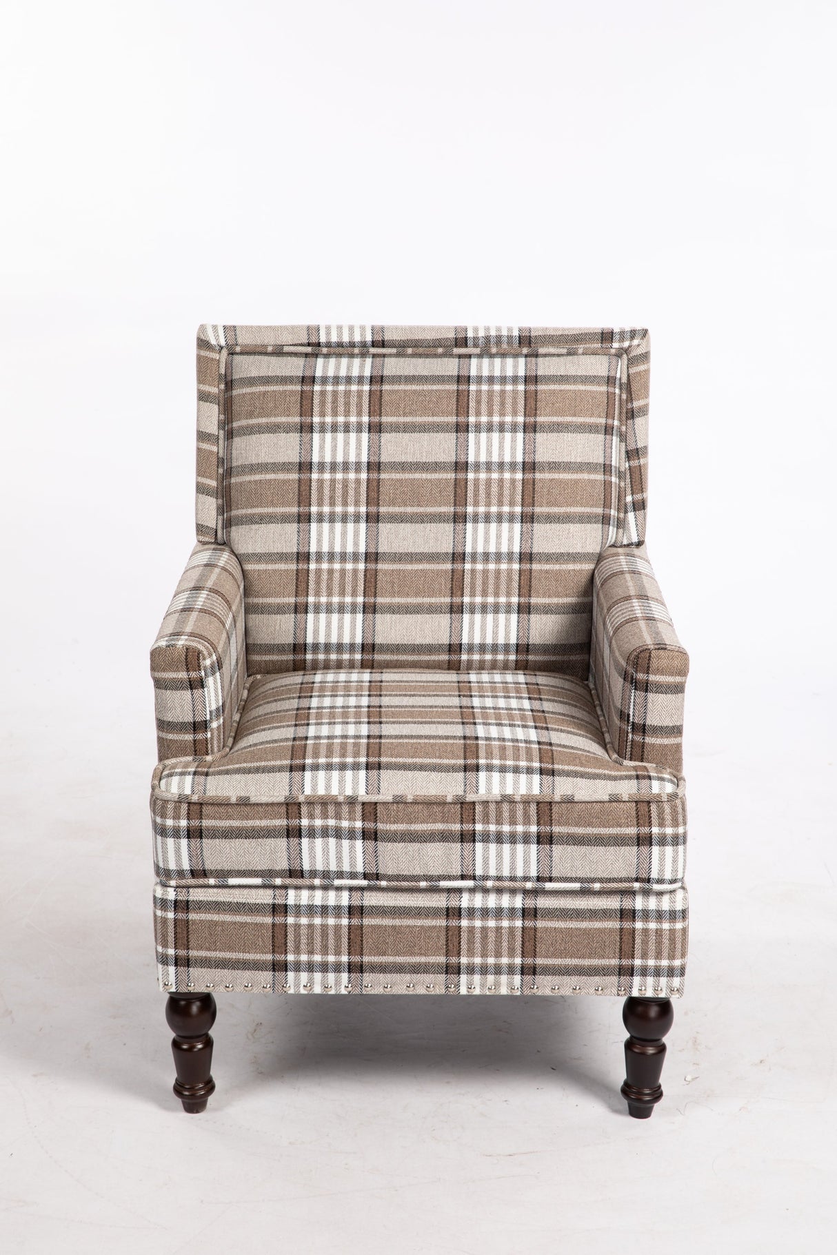 Upholstered Accent Chair with Brown Linen Fabric and Nailhead Trim