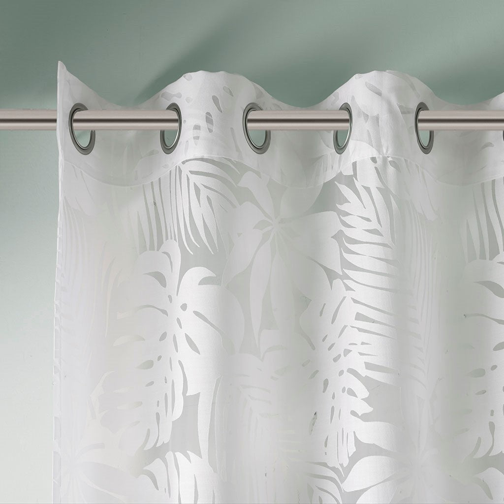 Palm Leaf Burnout Sheer Window Curtain with Antique Silver Grommets - White