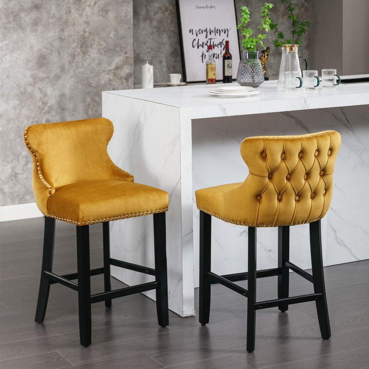 Contemporary Upholstered Wing-Back Barstools With Button Tufted Decoration And Wooden Legs, And Nailhead Trim, Leisure Style Bar Chairs, Bar Stools (Set of 2)