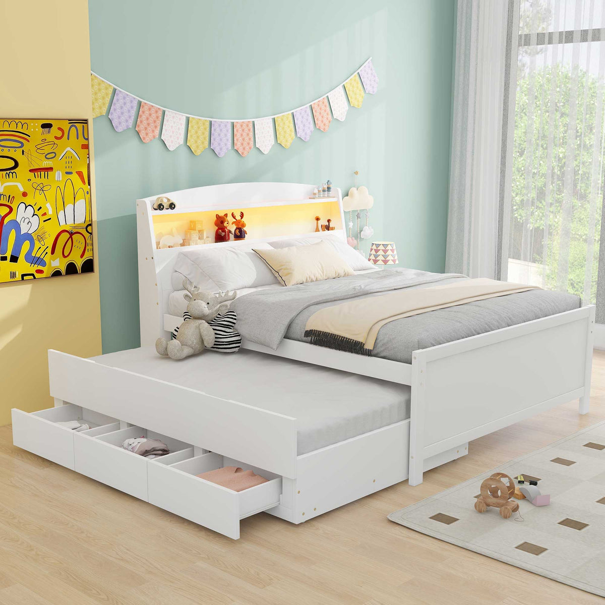 Full Size Platform Bed With Storage LED Headboard, Twin Trundle And 3 Drawers - White