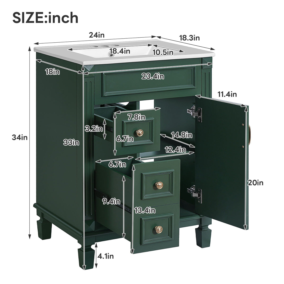 Compact Bathroom Vanity with Ceramic Sink and Storage Drawers - White, Green, Black