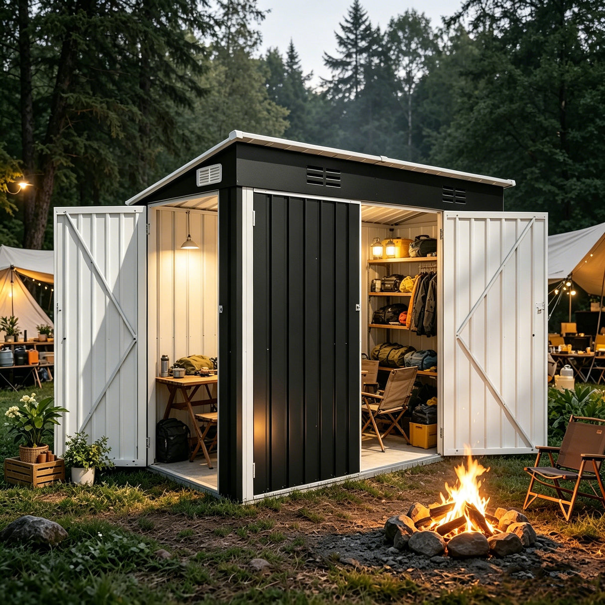 4 x 8 Ft Galvanized Steel Outdoor Storage Shed with 3 Access Doors