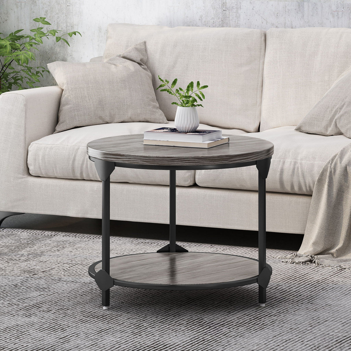 Coffee Table with Wood Patterned Tabletop and Iron Frame - Gray