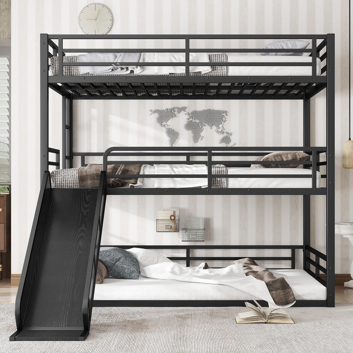 Full Over Full Over Full Bunk Bed with Slide