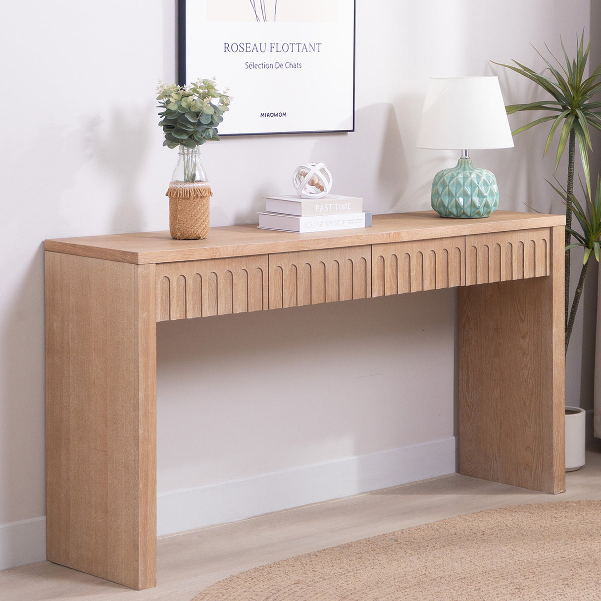 Modern Console Table with 4 Drawers – 59.2 Entryway Table in Natural Wood Finish