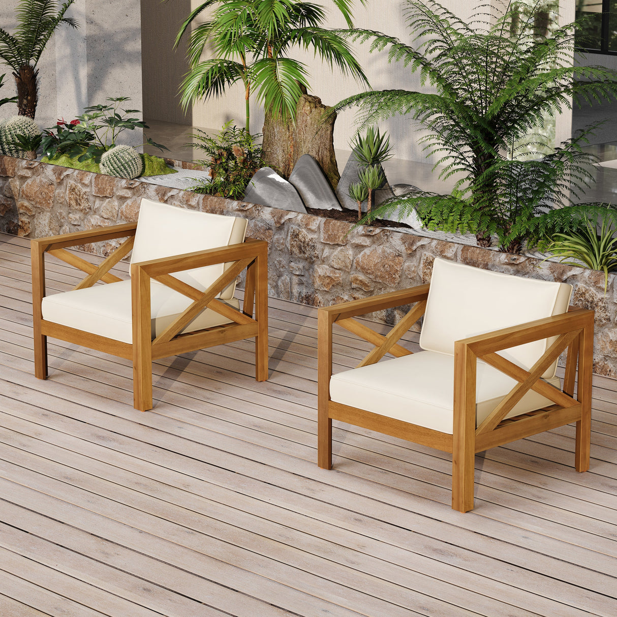 Patio Conversation Set with Foldable Acacia Wood Side Table and Cushions