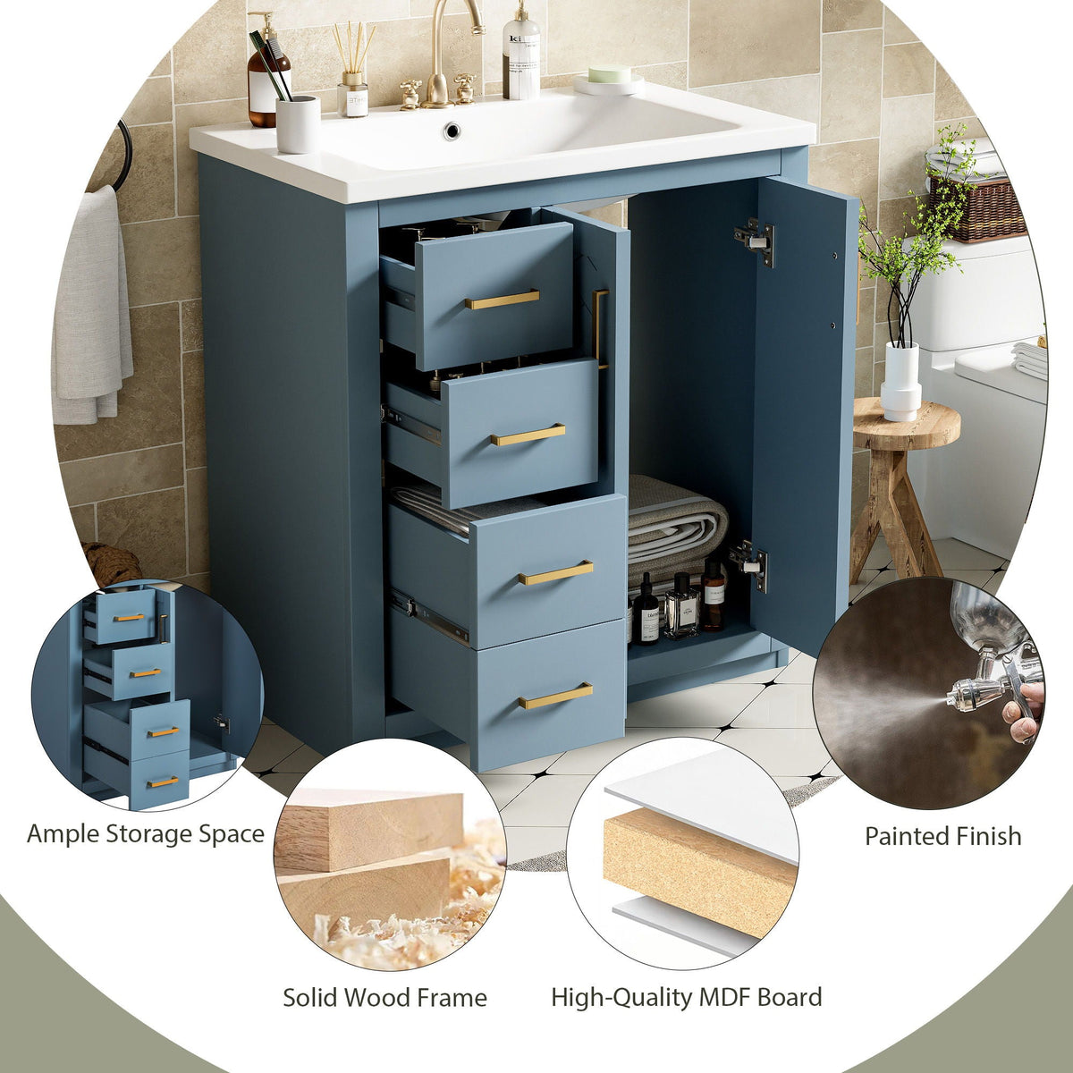 Ceramic Sink Combo, Freestanding Vanity Set With 3 Drawers & Soft Closing Doors