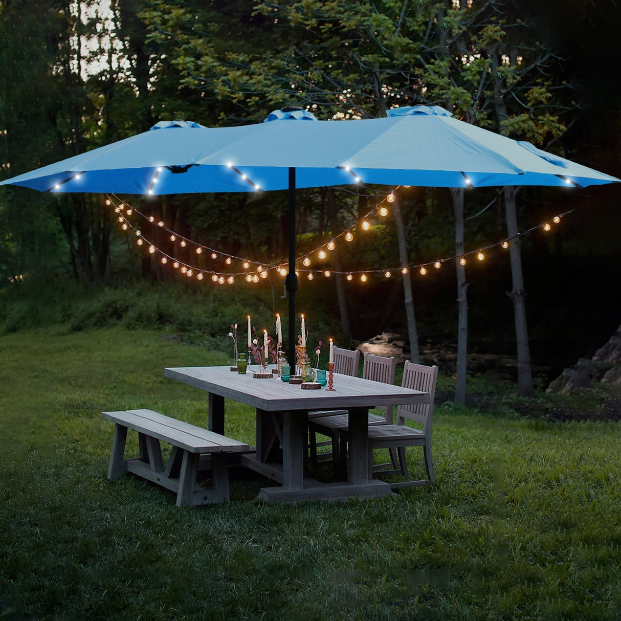 15 x 9 ft Double-Sided Outdoor Market Umbrella with Lights and Base – Blue