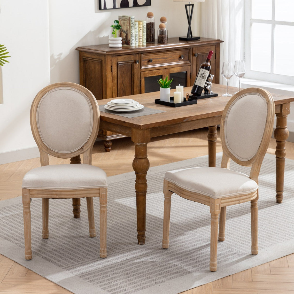 French Style Solid Wood Frame Linen Back Dining Chair Set of 2