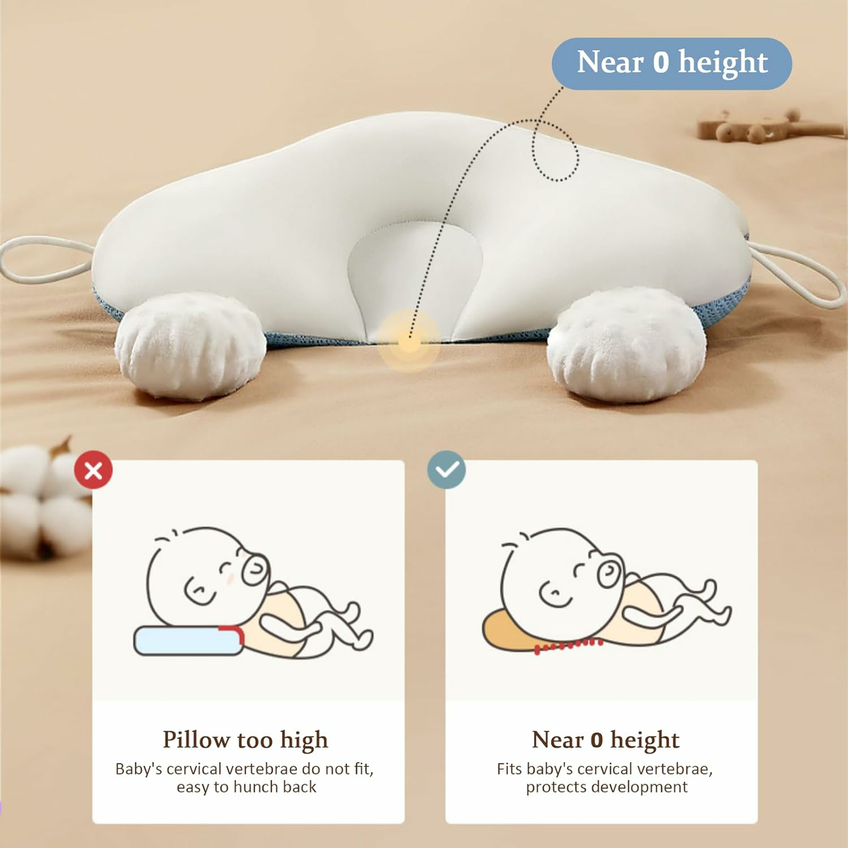 Baby Anti Flat Head Pillow Organic Cotton Infant Sleeping Support Cushion