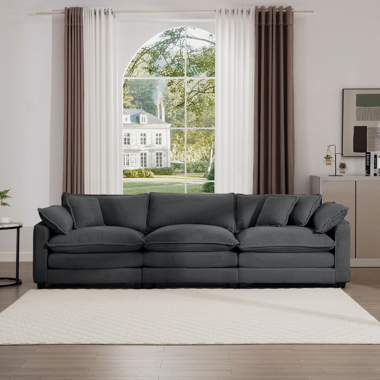 Mid-Century Modern 3 Seater Sectional Sofa With Arm And Throw Pillows