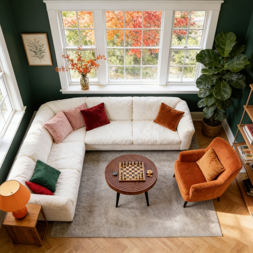 Modern Round Coffee Table - Walnut Pattern MDF And Black Metal Legs