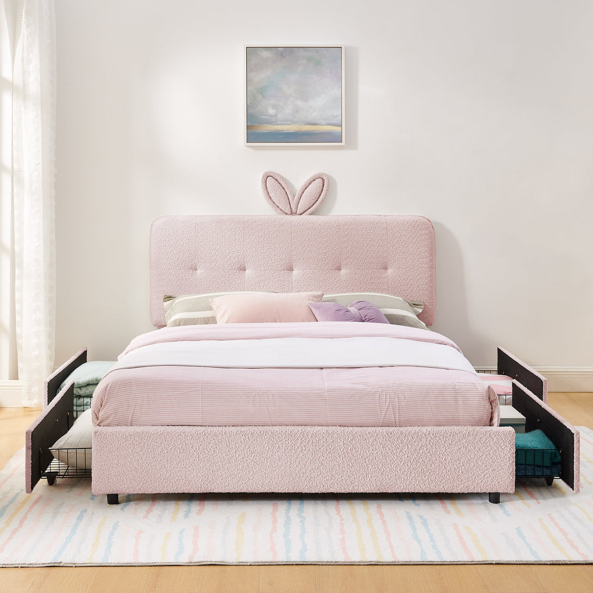 Queen Size Kids Upholstered Bed with Oversized Rabbit Ear Headboard, LED Light & 4 Storage Drawers, Boucle Fabric (84.5''X62.75''X41'')