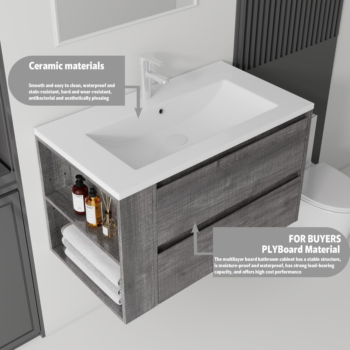 36 Inch Floating Bathroom Vanity with Sink, Soft-Close Door, Ceramic Sink, Plywood