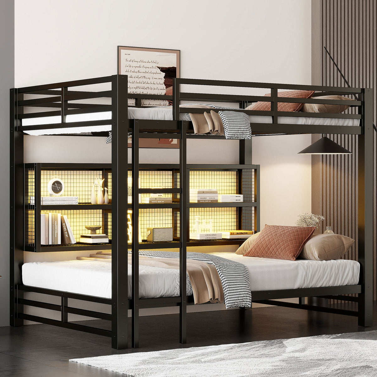 Queen Over Queen Bunk Bed With Storage Cabinets And LED Sturdy Frame, 6 Storage Units, Adjustable LED Lights - Black