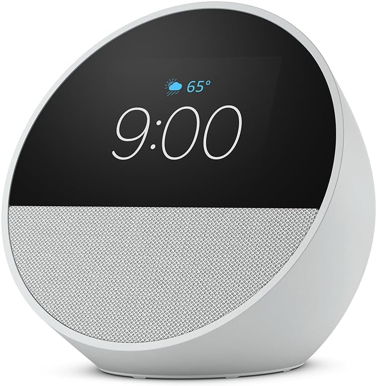 Amazon Echo Spot, an Alexa device (newest model), Great for nightstands, offices and kitchens, Smart alarm clock, Glacier White