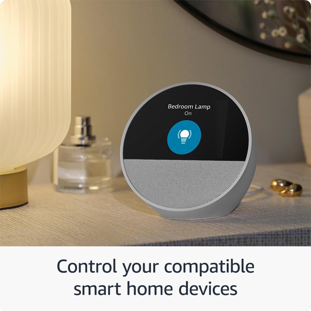 Amazon Echo Spot, an Alexa device (newest model), Great for nightstands, offices and kitchens, Smart alarm clock, Glacier White