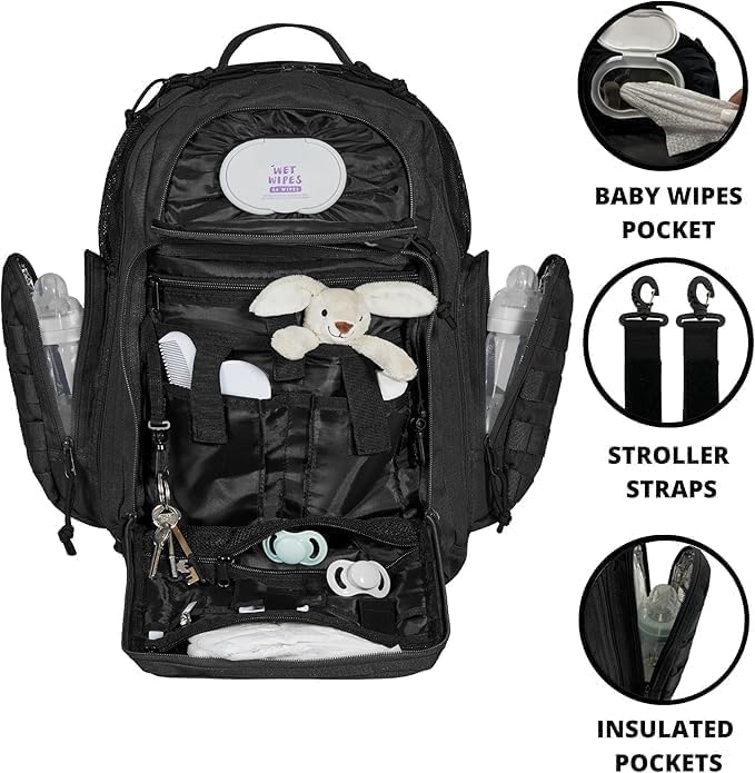 Phil & Jack Dad Diaper Bag Backpack, Baby Diaper Bag with Changing Station, Tactical Military Style, Womens Mens Diaper Bag (Black)