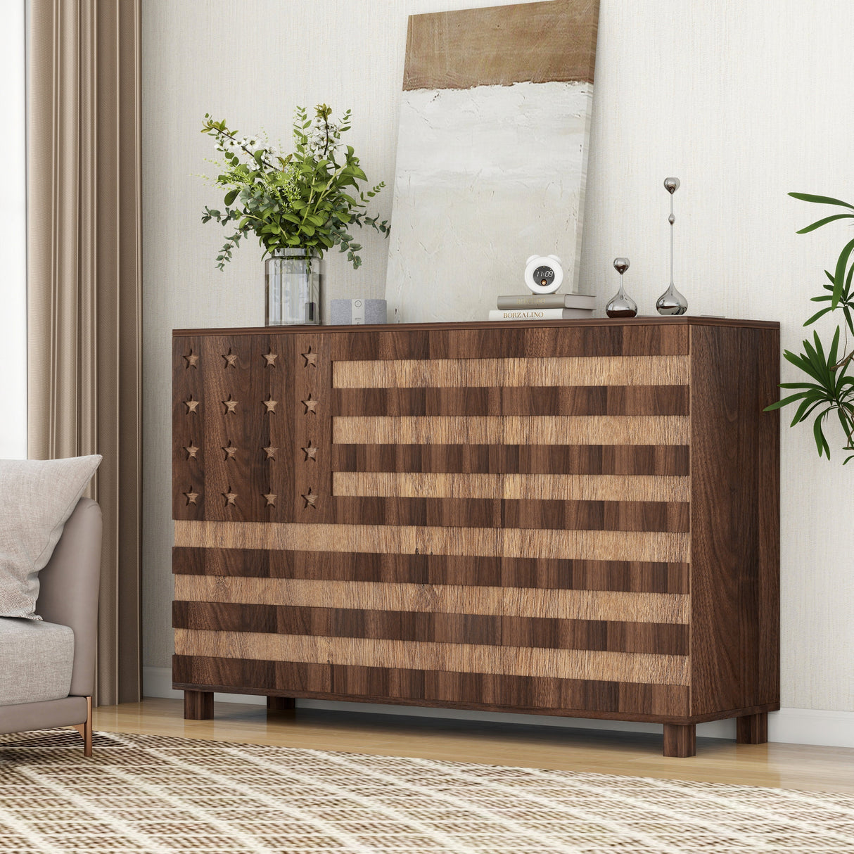 55-Inch Walnut Buffet Sideboard Cabinet with Storage
