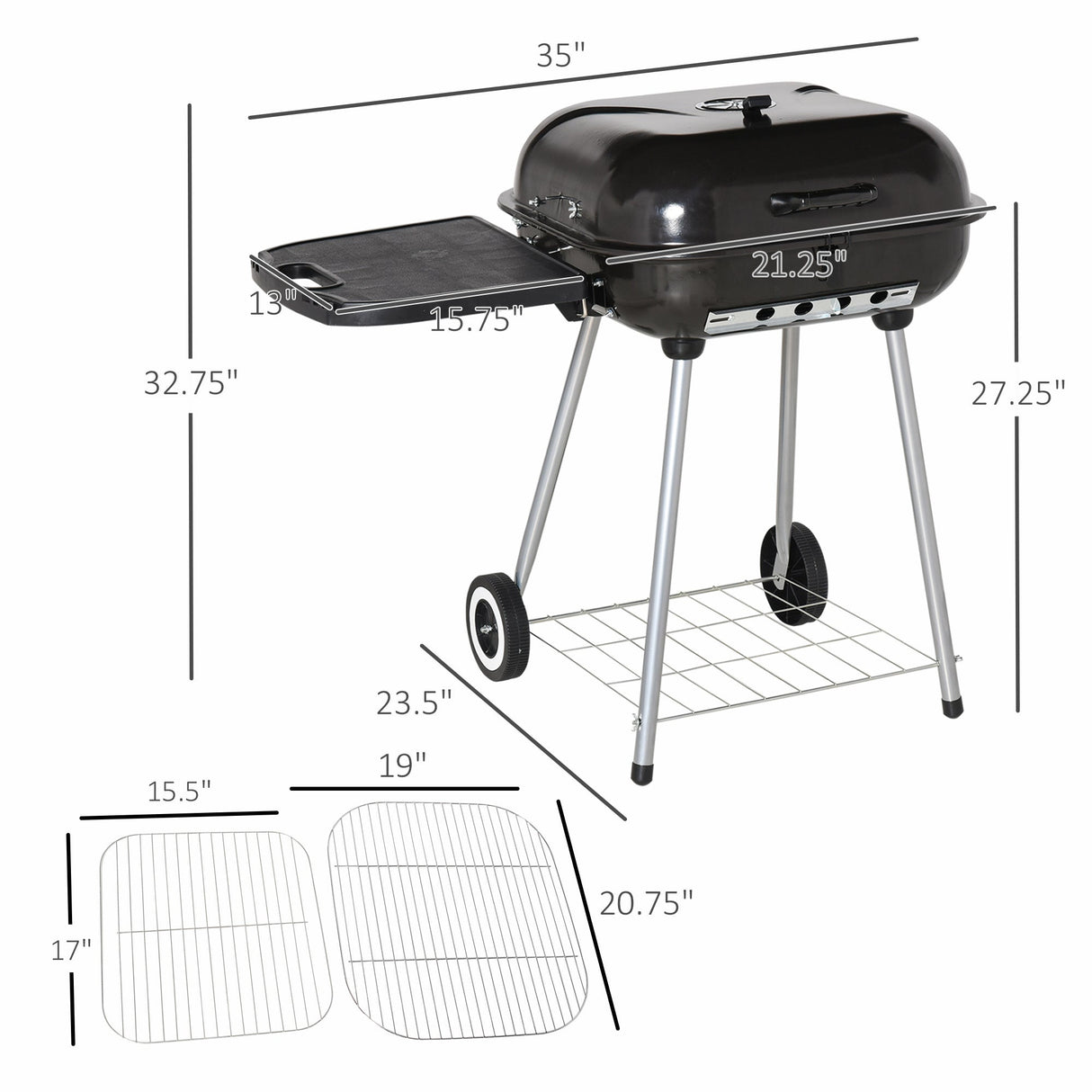 Outsunny 21' Portable Charcoal Grill with Wheels and Bottom Shelf