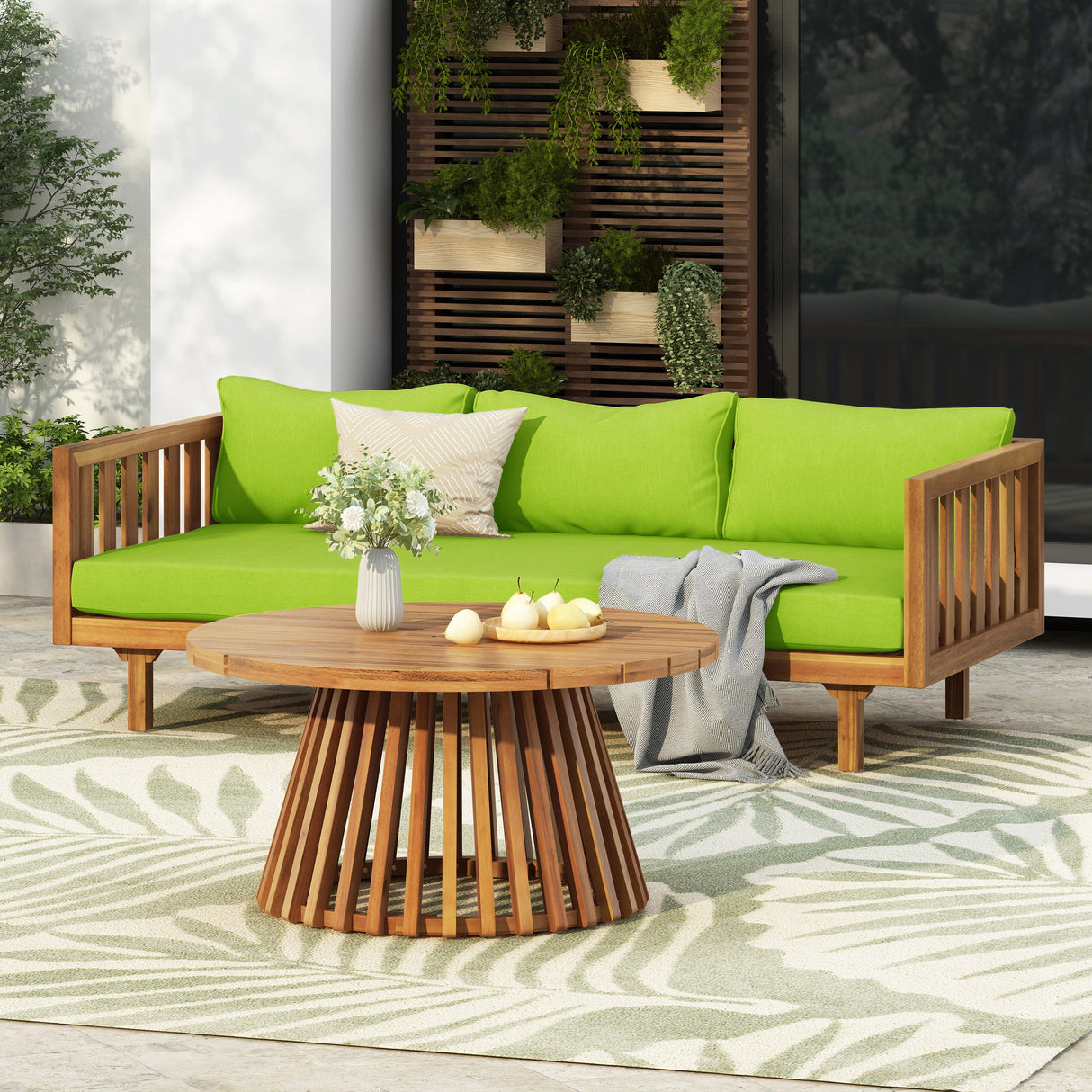 Acacia Wood Patio Furniture Set: Outdoor Daybed & Coffee Table