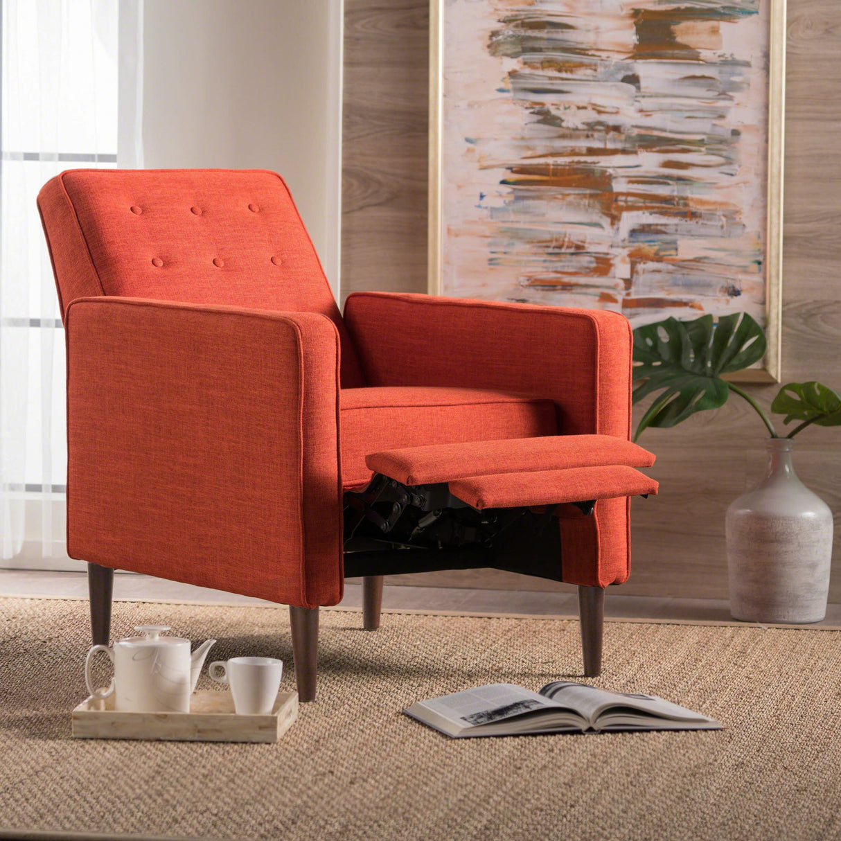 Mid-Century Modern Recliner With Button Tufted Waffle Stitch