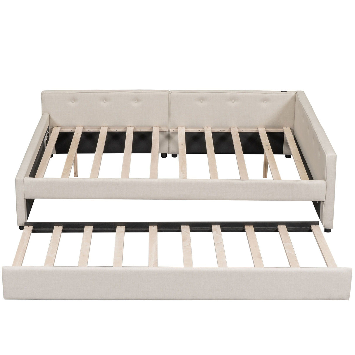 Queen Size Upholstered Platform Bed With USB And Twin Trundle - Beige