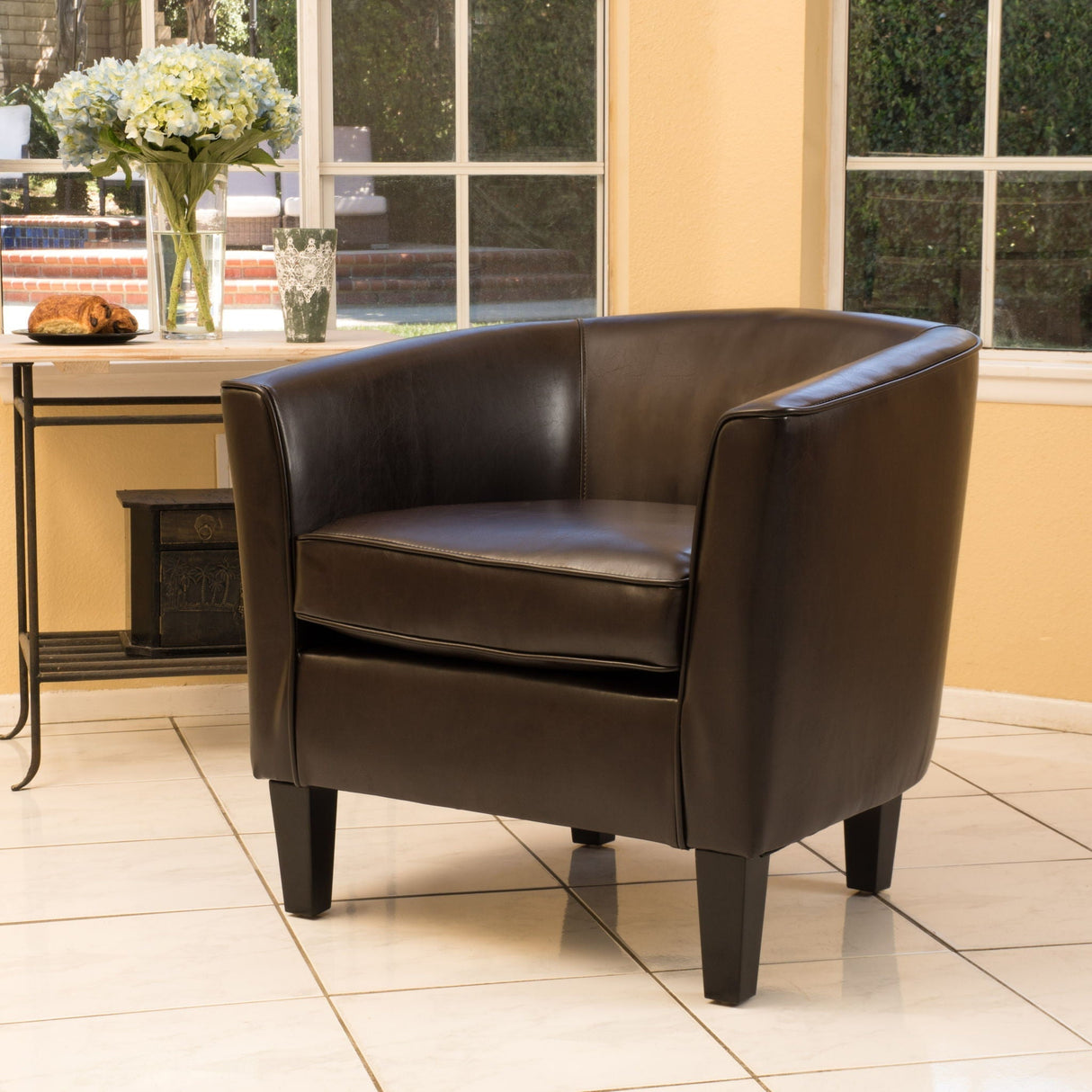 Faux Leather Club Chair With Curved Backrest - Brown