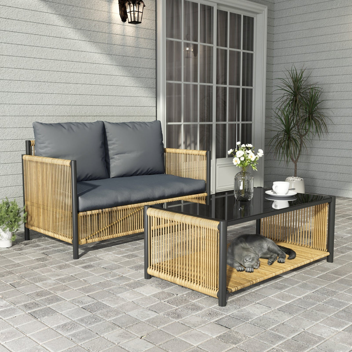 New Comming Patio 4 Pieces Brown PE Wicker Sofa Set with Grey Cushion