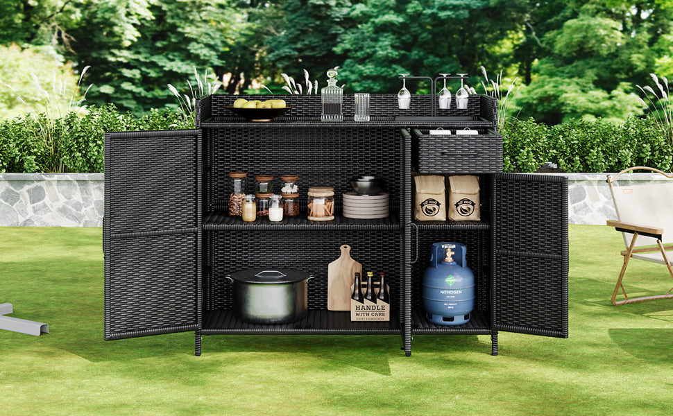 K&K 47.5"W Wicker Outdoor Storage Cabinet with Tempered Glass Desktop
