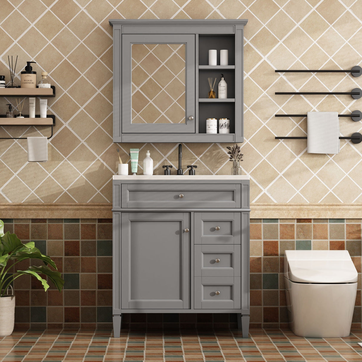 Bathroom Vanity With Top Sink, 2 Doors And 3 Drawers, Freestanding Set With Mirror Cabinet