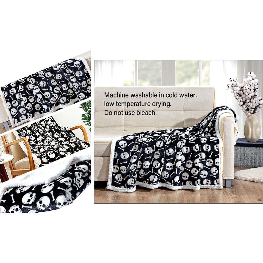Skull & Bones Black Sherpa Throw Blanket Soft & Cozy Fleece, Gothic Skeleton Design, 50" x 60