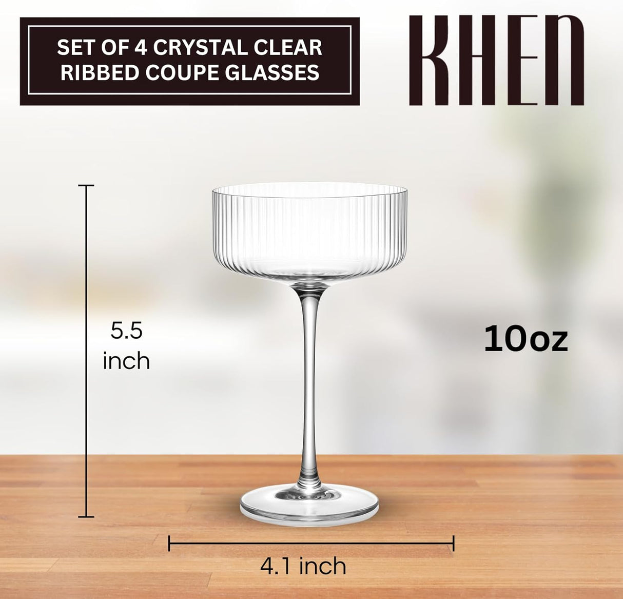Khen Ribbed Coupe Glasses Set Crystal Bar Drinkware Vintage Style Cocktail Martini Champagne Glassware – 10oz Clear