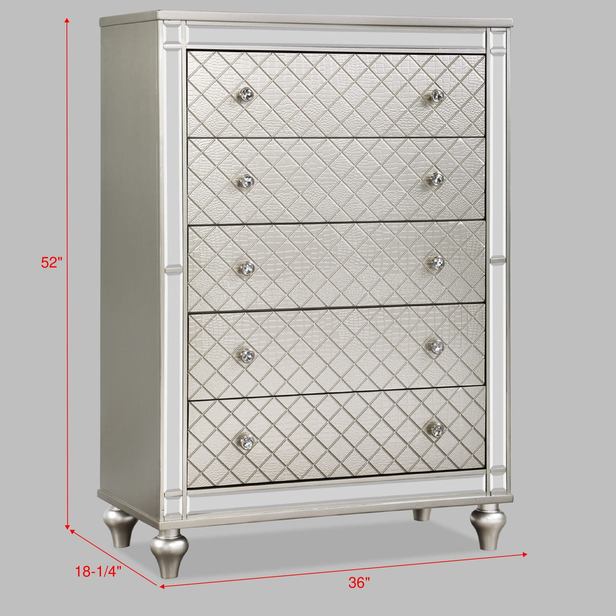 5 Drawer Bedroom Chest with Diamond Patterned Fronts - Silver