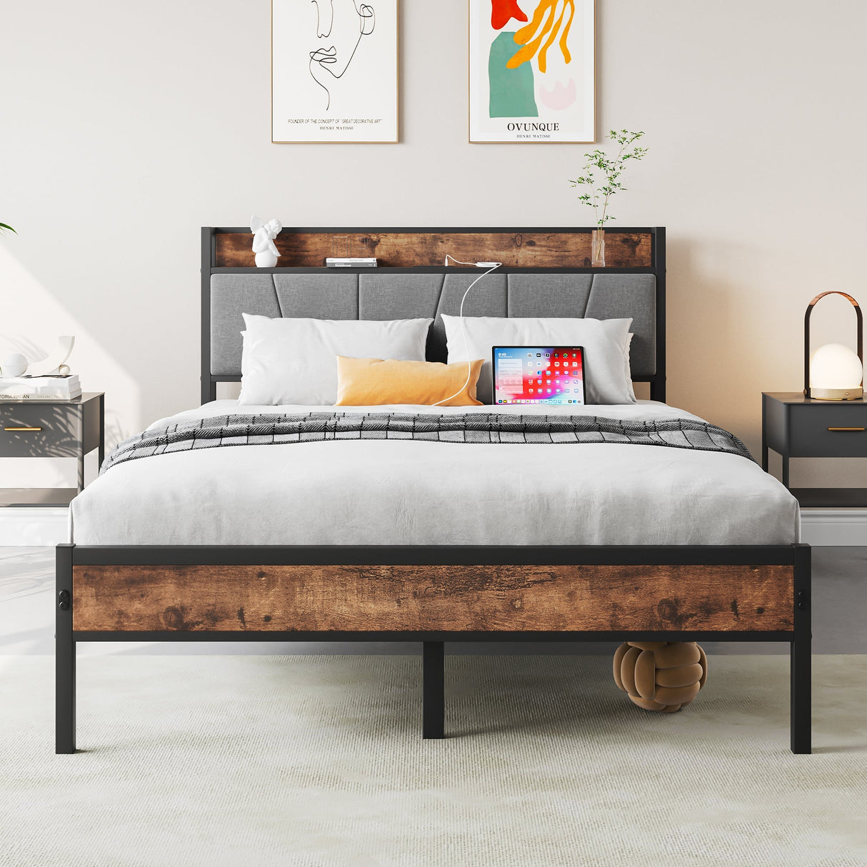 Full Size Bed Frame with Storage Headboard and Charging Station