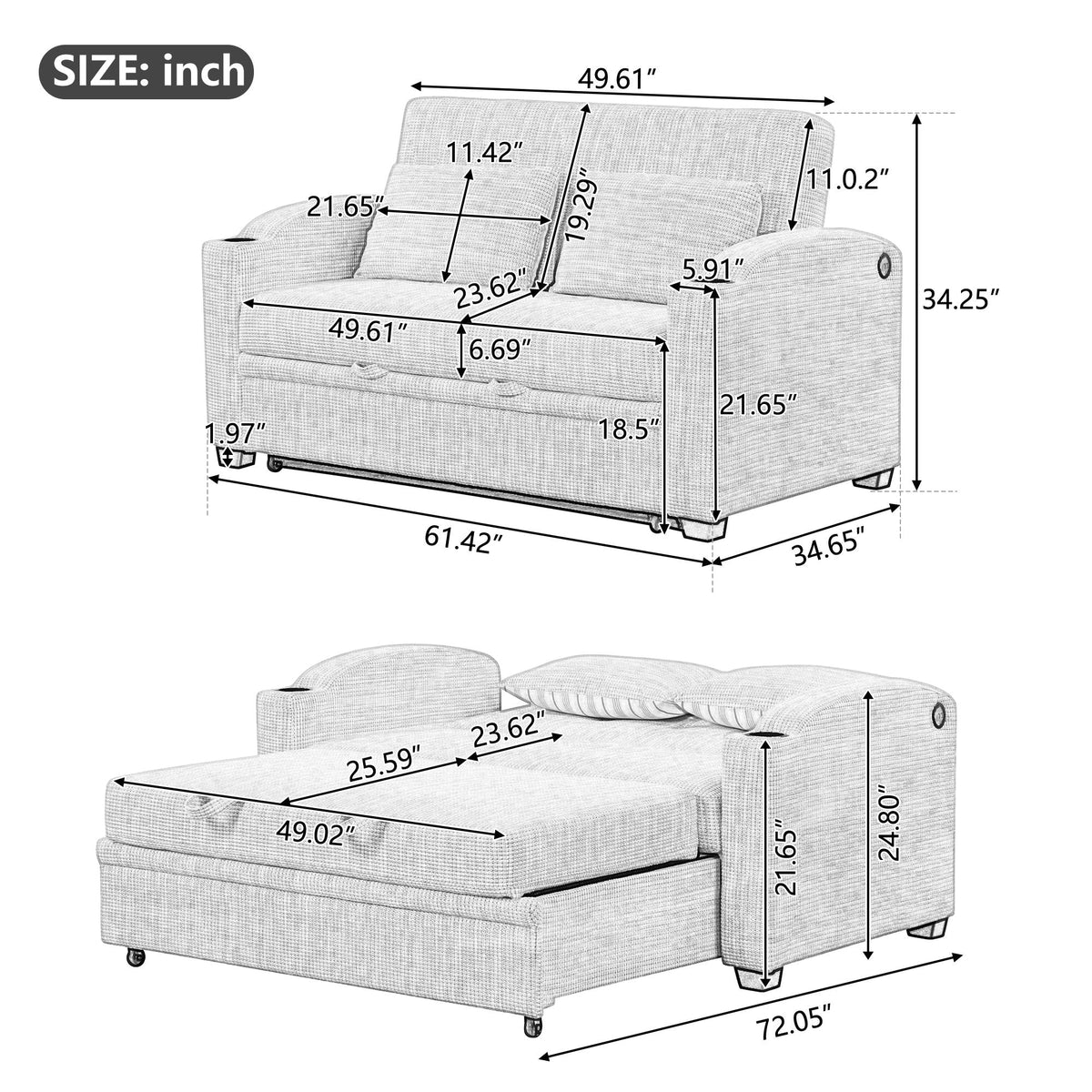 Pull Out Loveseat Sofa With Adjsutable Backrest, 2 Pillows, Cup Holders, USB Ports For Living Room