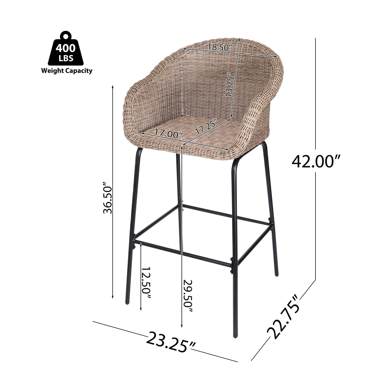 Light Brown Outdoor Metal Wicker Barstool Set of 2 with Iron Frames