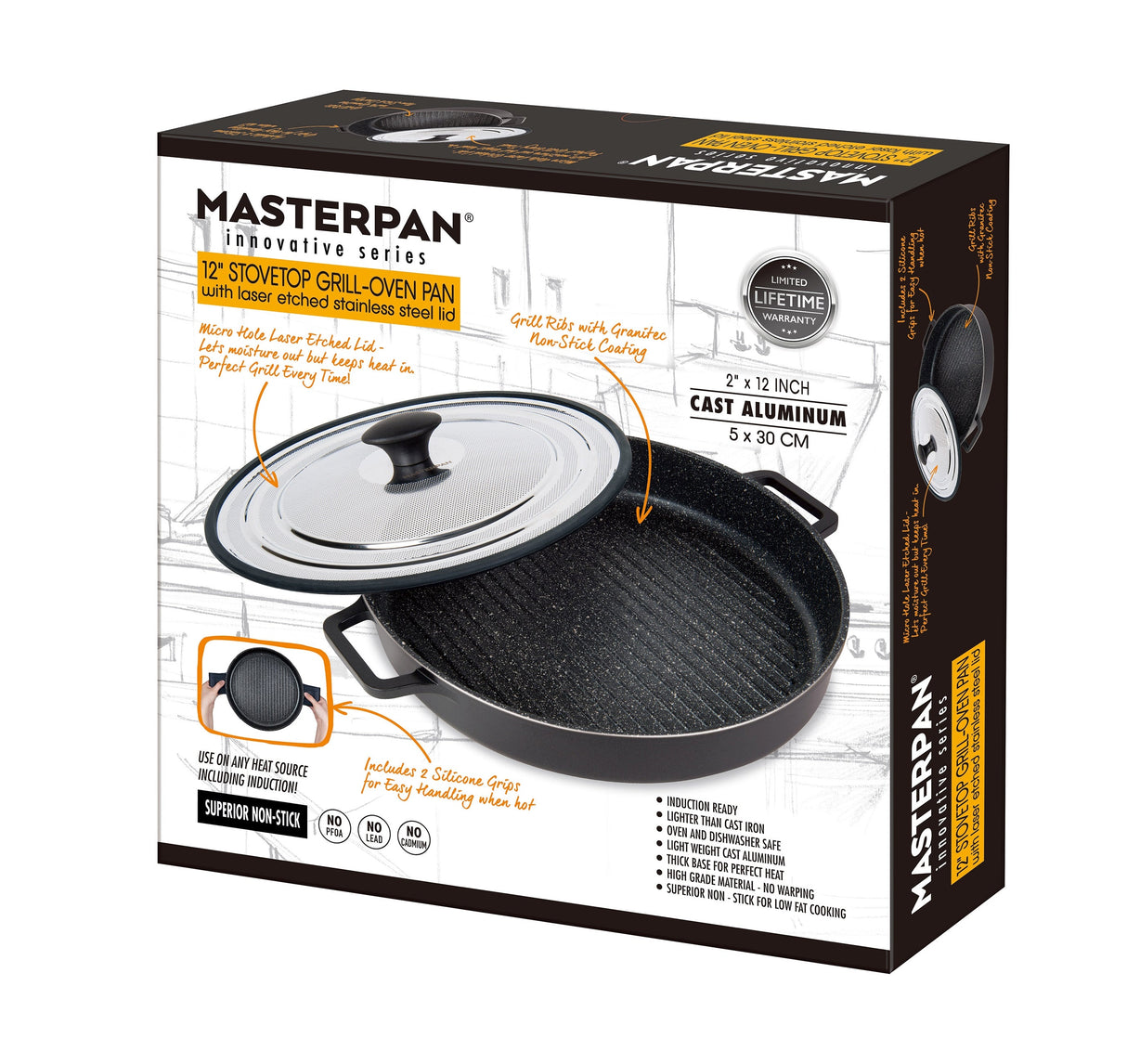 MASTERPAN Nonstick Stovetop Oven Grill Pan & Stainless Steel Lid, Black 12" (30cm)
