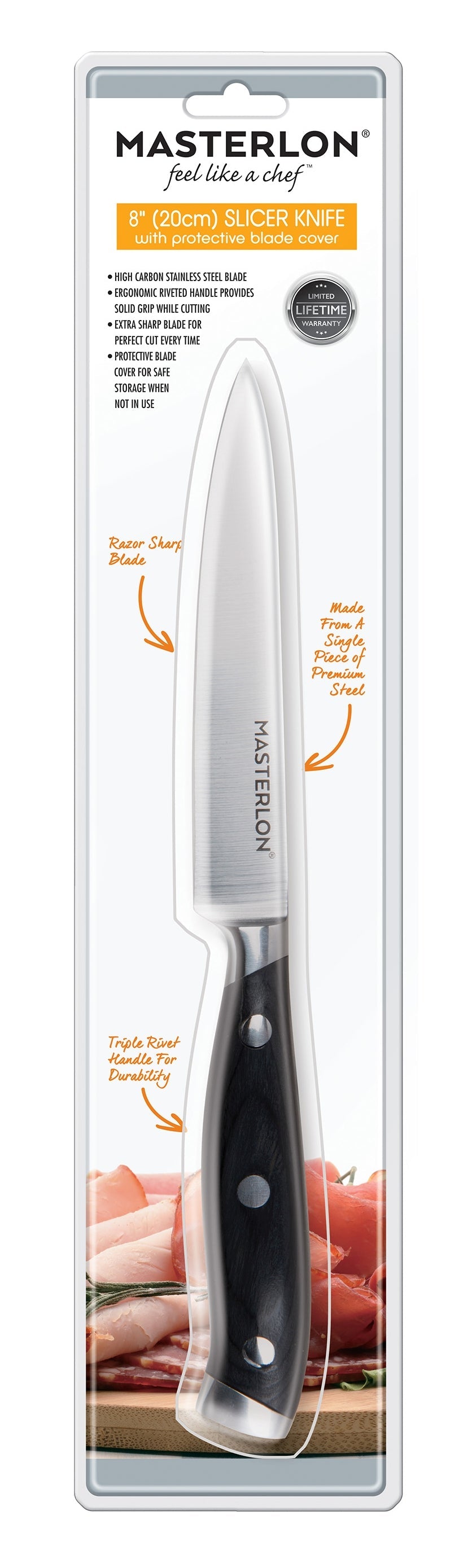 MASTERPAN Slicer Knife With Stainless Steel Blade & Cover, 8" (20cm)