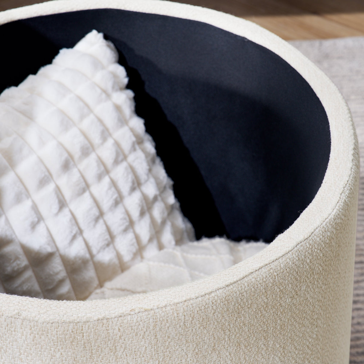 Classic 2-Piece Round Chenille Storage Ottoman Set with Drum Shaped Stool - Beige