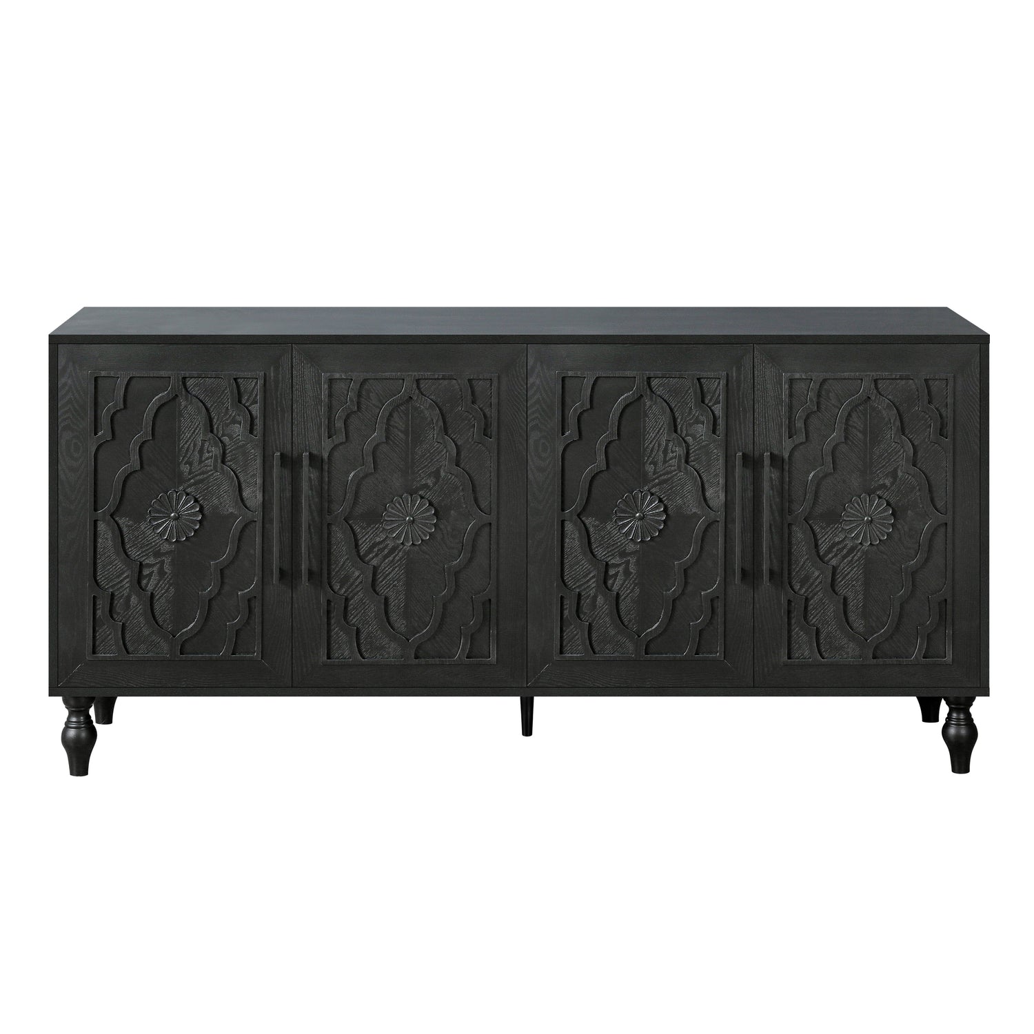 Carved flower door large storage cabinet with metal handle (black)